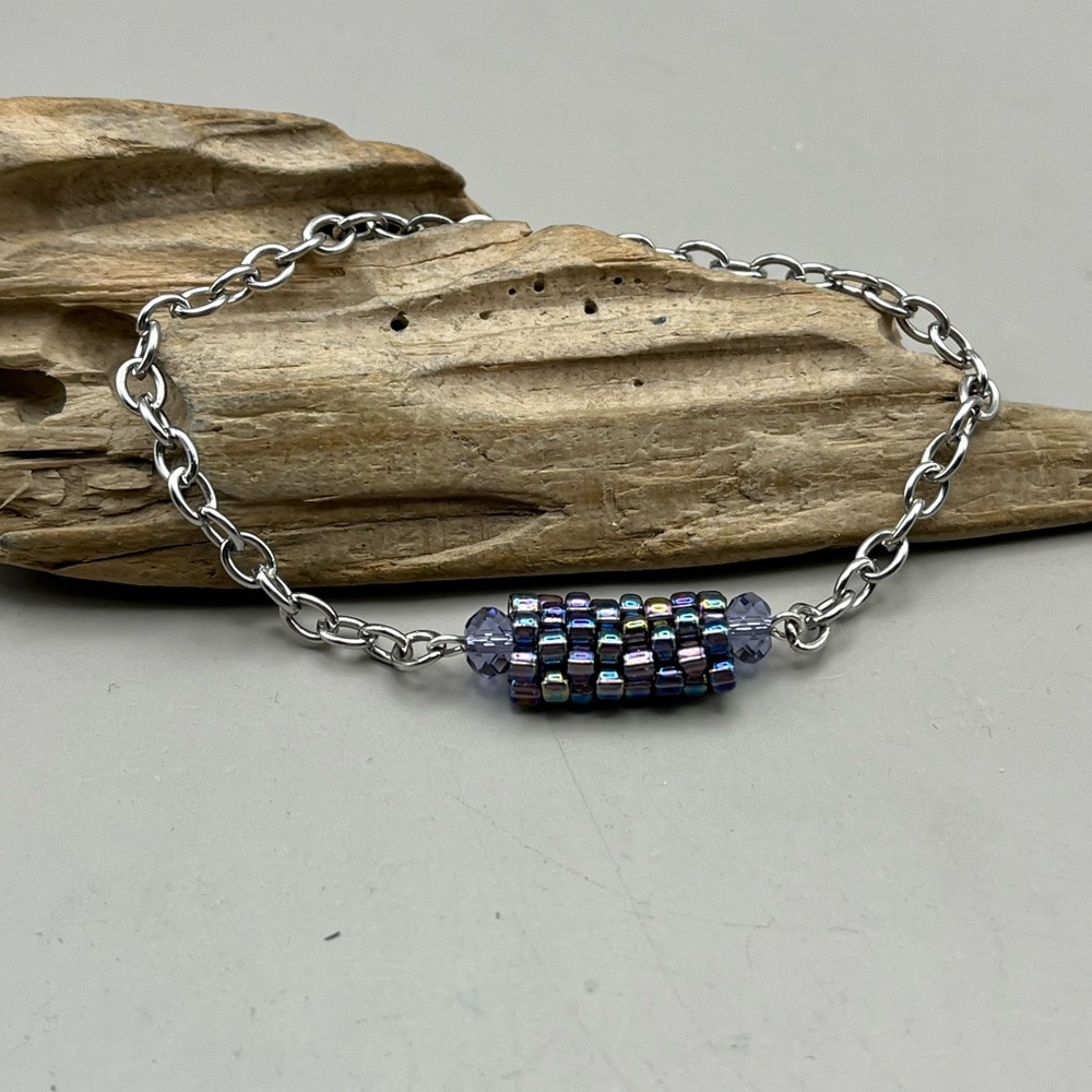 Elegant Handmade Silver Tone Chain Bracelet With Iridescent Blue/Purple Tube - Picture 3 of 5